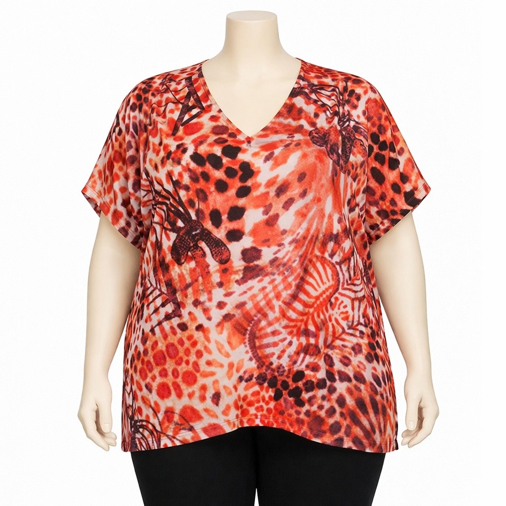 George Simonton Womens 2X Poppy Multi Tropical Safari Print V-Neck Tunic NWT